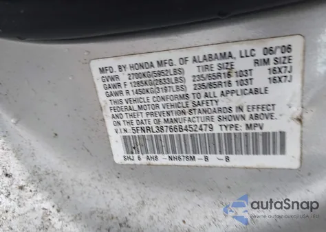 2006 Honda Odyssey Ex-L из США, поврежденный, VIN 5FNRL38766B452479